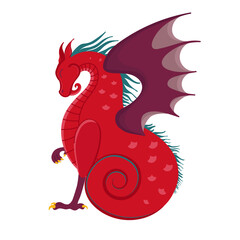 Red two-legged dragon. Wyvern dragon, vector illustration.