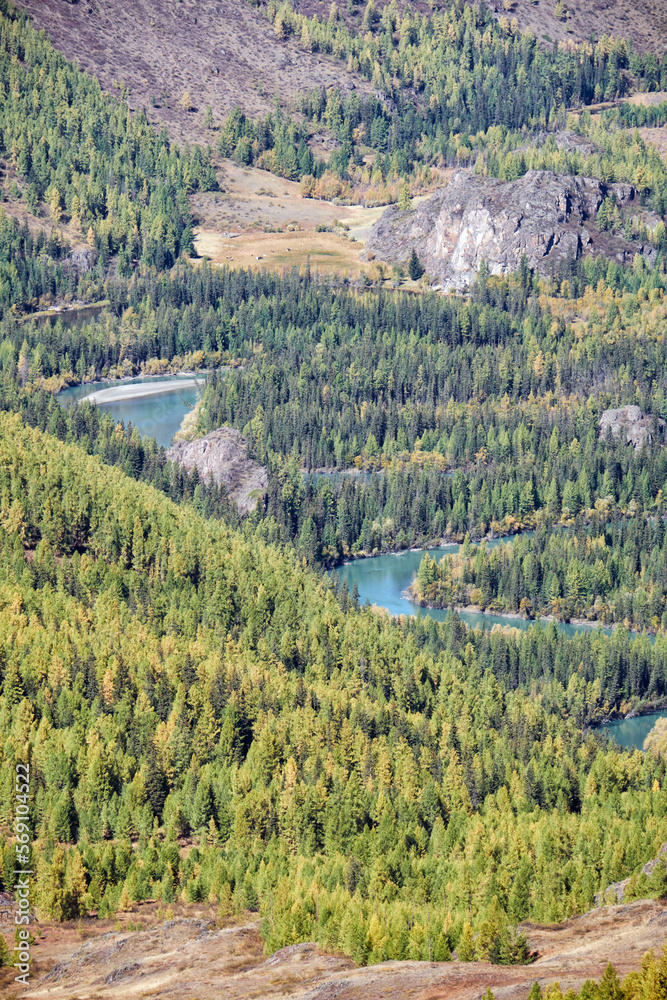 Wall mural Autumn highland landscape. Altai river Chuya surrounded by mountains. Altai, Russia.