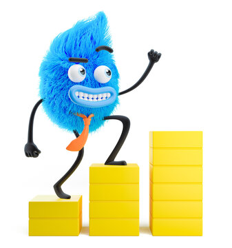 Fluffy businessman climbing the career ladder. 3d illustration. Cartoon character. The concept of success and personal growth.