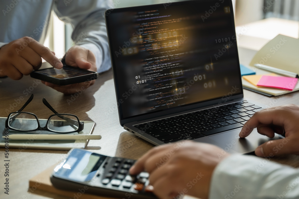 Poster software engineer working on a laptop website application development technology concepts 