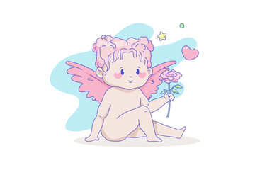 Cute angel girl with a flower in her hands. Cute cupid girl angel cartoon character. Little cherub, amur female baby, or god eros. Valentine's day concept design. Isolated white background.