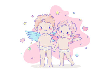 Couple of cupid babies. Funny chibi children with wings, hearts and stars. Angel kids vector illustration with white isolated background. Valentine's day or Wedding, birthday celebration concept.