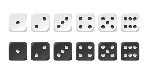 Dice realistic vector mockup. Black and white set of casino dice on a white background - obrazy, fototapety, plakaty