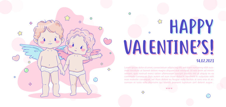 Happy Valentine's Day poster with cute cartoon angel cupid, hearts and stars. Lovely romantic background for February 14 with couple of a cupid babies. Vector art for postcards, banners, promo, sale.