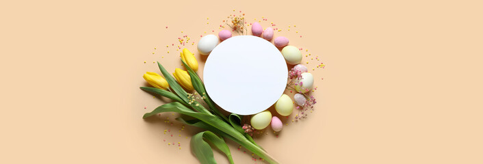 Festive composition with blank card, painted Easter eggs and flowers on light color background