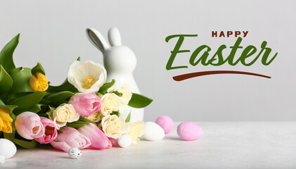 Fototapeta na wymiar Beautiful Easter greeting card with flowers, eggs and bunny
