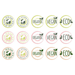 Eco, bio, organic and natural products sticker, label, badge and logo. Ecology icon. Logo template with green leaves for organic and eco friendly products. Vector illustration