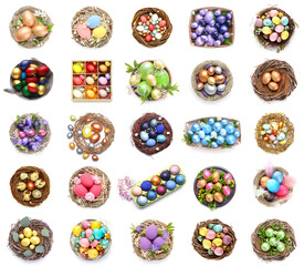 Set of colorful Easter eggs isolated on white, top view