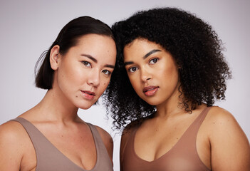 Women, face and diversity with portrait, beauty and skincare for different skin color and unique isolated on studio background. Natural cosmetics, glow and dermatology, inclusion and facial care