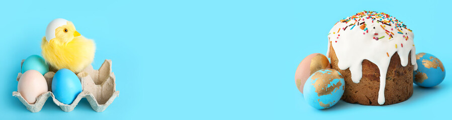 Cute yellow chicken and Easter eggs on blue background