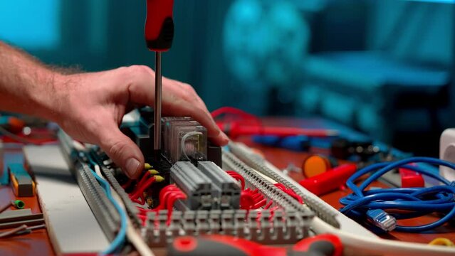 A mans hand fasten a red wire with a screw using a screwdriver. The finger turns on the switch on switchboard panel and sparks are produced and the fire ignites. Breakdown in electrical equipment.