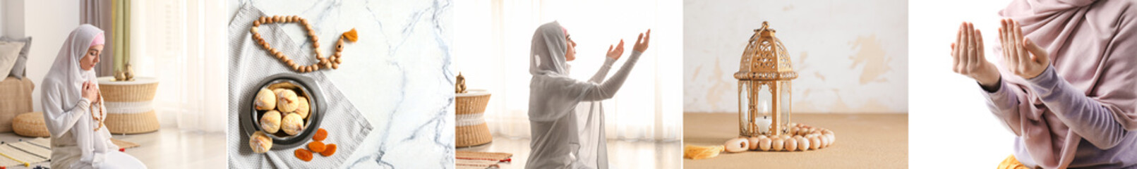 Collage of praying Muslim woman with Arabic lamp, cookies and tasbih