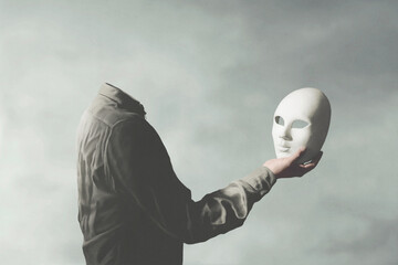 Illustration of man without face holding a mask, surreal abstract concept - obrazy, fototapety, plakaty