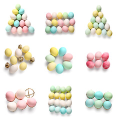 Set of colorful Easter eggs isolated on white, top view