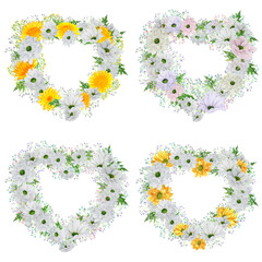 Set of hand-drawn heart-shaped watercolor wreaths with white and yellow chrysanthemum and colored gypsophila