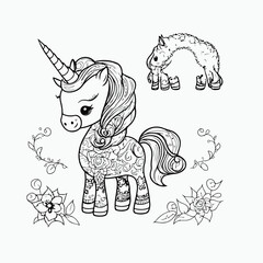 Vector cute unicorn for kids coloring book illustration hand drawn isolated 
