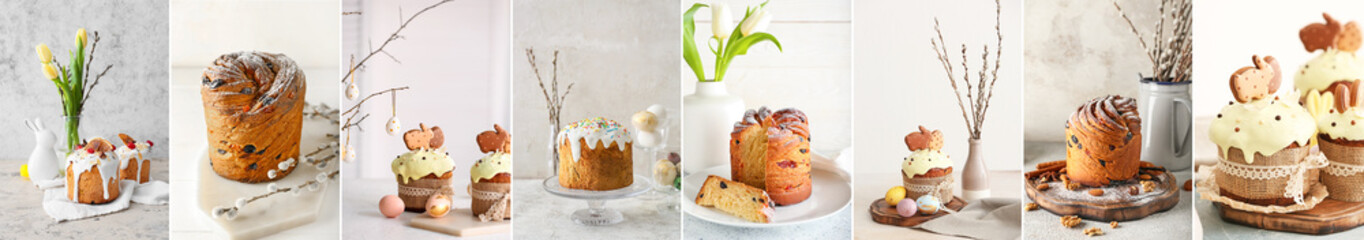 Collage of traditional Easter cakes on light background