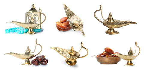 Set of Aladdin lamp of wishes with sweet dates and tasbih on white background