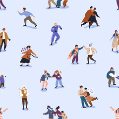 People on ice rink, seamless pattern. Happy characters skating, endless background design. Skaters, families, couples, friends at winter holidays fun, repeating print. Colored flat vector illustration