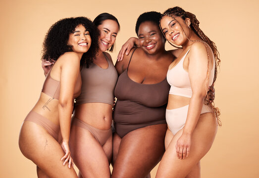 Diversity, body positive and portrait of women group together for inclusion, beauty and power. Aesthetic model people or friends on beige background with skin glow, pride and motivation for self love