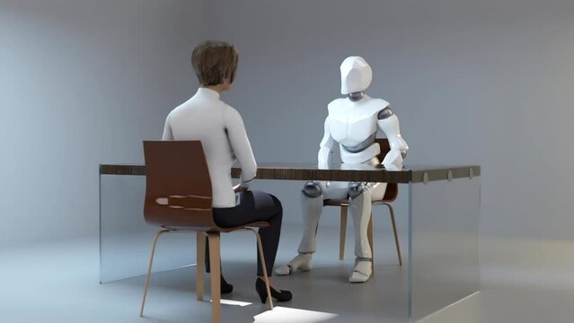 robot interviewing a human
