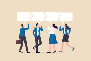 Conversation or communication for success, meeting discussion to get answer or solution, working together, partnership or collaboration concept, business people talk with speech bubble jigsaw connect. - 569108939