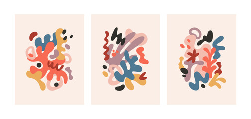 Abstract cards design with creative fluid shapes. Interior posters, wall arts set with trendy organic random geometric elements. Modern contemporary vertical backgrounds. Flat vector illustrations