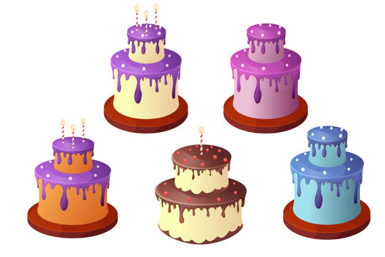 Set birthday cakes with cream, drip, candles, collection anniversary deserts in cartoon style isolated on white background