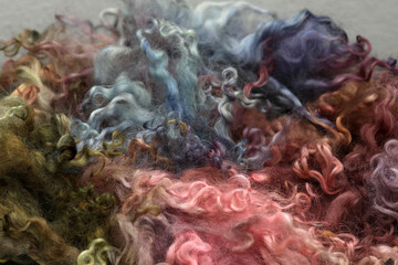 Beautiful hand dyed sheep wool locks in organic colours ready for spinning yarn on a spinning wheel.