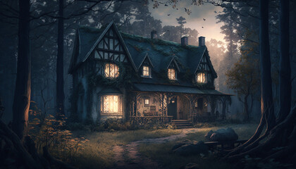 Fototapeta na wymiar beautiful house in the forest surrounded by ghosts and devils
