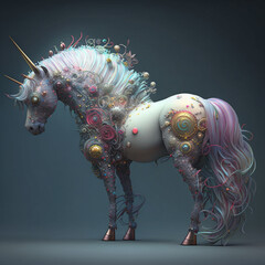 cyberpunk unique unicorn, orld filled with pastel colors and soft, whimsical elements, soft, fluffy, in a mystical world, gathered with fairies