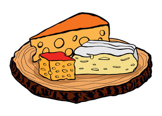 Deska serów. Kolorowa ilustracja wektorowa, rysunek odręczny. Trzy rodzaje sera, ser żółty, francuski pleśniowy camembert. Przekąska, krojone sery, kora