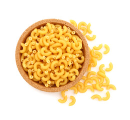 Plate of raw elbow pasta on white background