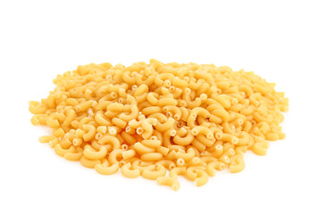 Heap of raw elbow pasta isolated on white background