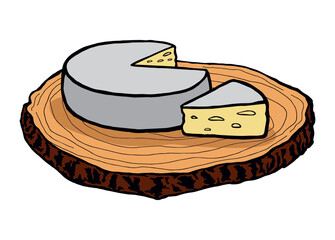 Aromatyczny ser camembert na kawałku drewna. Okrągły kawałek sera, pokrojony francuski ser kremowy. Ser pleśniowy, z pleśnią.  - obrazy, fototapety, plakaty