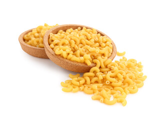 Plates of raw elbow pasta on white background