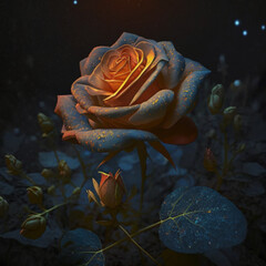 Naklejka na ściany i meble glowing rose, van Gough style, starry night, realistic, 8k, rendered