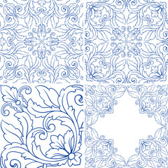 Fototapeta na wymiar Tile seamless vector pattern, Lisbon navy blue retro tiles design collection. Ornamental indigo background inspired by Spanish and Portuguese traditional geometric tiles with flower.