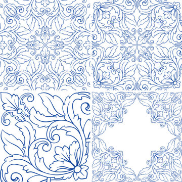 Tile seamless vector pattern, Lisbon navy blue retro tiles design collection. Ornamental indigo background inspired by Spanish and Portuguese traditional geometric tiles with flower.
