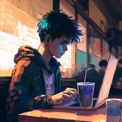 a guy is coding with thin laptop at coffee shop , anime style , colorful , picture with high quality