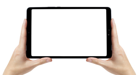 Tablet computer with blank screen in hands, cut out