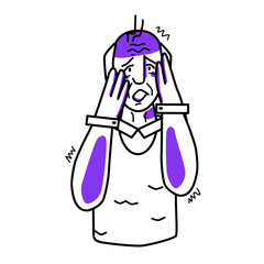 Frightened grandfather, emotion of fear. Afraid half body elderly man line drawing, horror panic mood, dread, cover his face with hands.