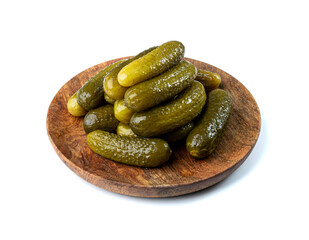 Pickled Cucumbers on Wood Plate Isolated, Fermented, Marinated Vegetables, Gherkins