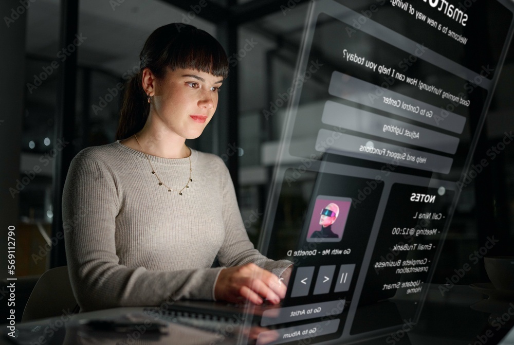 Poster Overlay, night or woman typing a schedule online, planning goals on digital notes or diary in a smart office. Person networking or researching on a futuristic 3d technology app or hologram screen