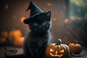 A cute halloween witches black cat wearing a witch hat. Generative ai