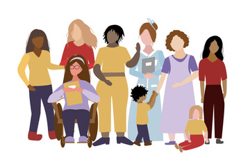 Fototapeta premium A company of women with children of different ages, different ethnicity, many body shapes, limited mobility