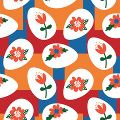 Fototapeta na wymiar Seamless pattern with white painted Easter eggs on a colorful background. Drawings of flowers on eggs