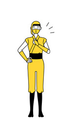 胸を叩く忍者のコスプレをした女性