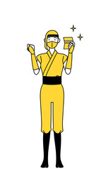 預金通帳を見て喜ぶ忍者のコスプレをした女性