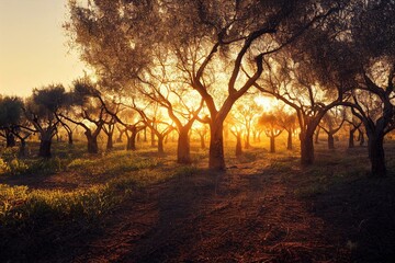 Fototapeta na wymiar Olive Plantation in Bakersfield, California. Beautiful Sunset Light. USA. Generative AI